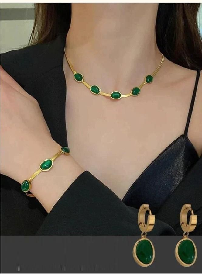 Oval Green Crystal Pendant Necklace Set With Bracelet || VIBZU