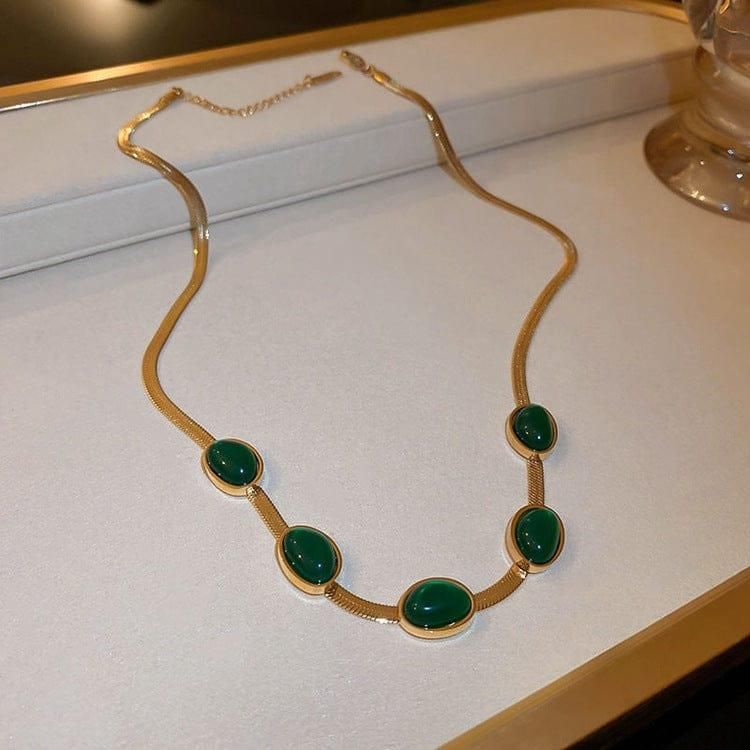 Oval Green Crystal Pendant Necklace Set With Bracelet || VIBZU